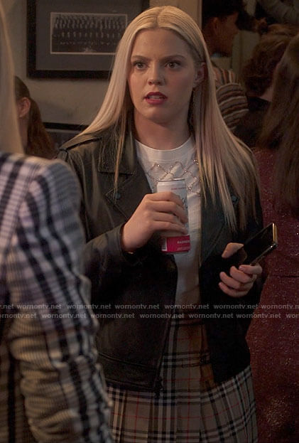 Leighton’s rhinestone top and plaid skirt on The Sex Lives of College Girls