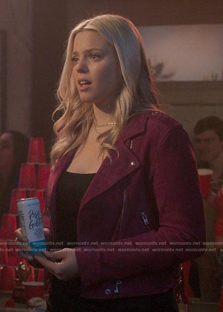 Leighton’s magenta pink suede jacket on The Sex Lives of College Girls