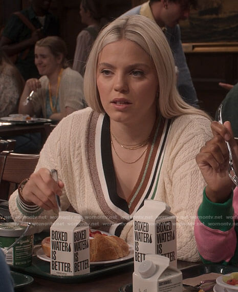 Leighton’s striped trim cable knit sweater on The Sex Lives of College Girls