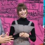 Lily Collins’s brown plaid cold-shoulder dress on Good Morning America
