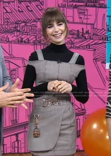 Lily Collins’s brown plaid cold-shoulder dress on Good Morning America