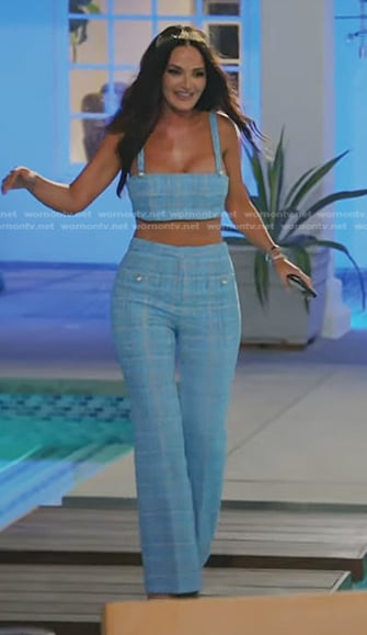Lisa’s blue plaid cropped top and pants on The Real Housewives of Salt Lake City