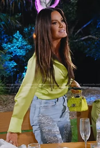 Lisa’s yellow satin blouse and embellished jeans on The Real Housewives of Salt Lake City