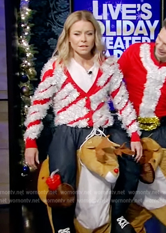 Kelly’s red tinsel christmas sweater on Live with Kelly and Ryan