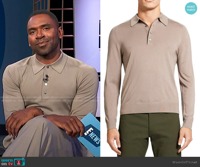 Theory Long Sleeve Wool Polo in Tapir worn by Justin Sylvester on E! News