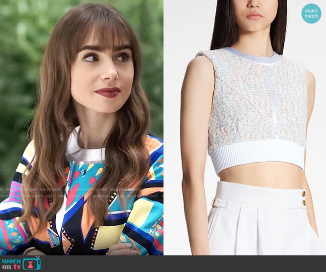 Louis Vuitton Stardust Lurex Tweed Crop Top worn by Emily Cooper (Lily Collins) on Emily in Paris