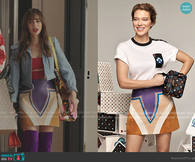 Louis Vuitton Mini Skirt worn by Emily Cooper (Lily Collins) on Emily in Paris