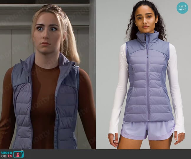 Lululemon Down For It All Vest in Peri Purple worn by Josslyn Jacks (Eden McCoy) on General Hospital