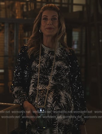 Madeline’s embellished palm print dress on Emily in Paris