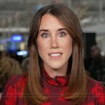 Maggie Vespa’s red floral mock neck top on Today