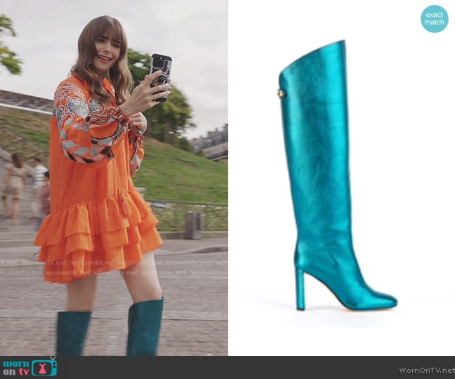Adriana High-Heel Metallic Nappa Truquoise Boots worn by Emily Cooper (Lily Collins) on Emily in Paris