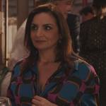 Marianne’s blue geometric print dress on Emily in Paris
