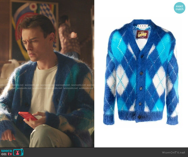 Marni Brushed Argyle-Knit Cardigan worn by Maximus Wolfe (Thomas Doherty) on Gossip Girl