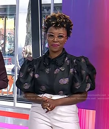 Mary Tjon-Joe-Pin’s black floral puff sleeve top on Today