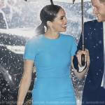 Meghan’s blue cap sleeve sheath dress on Harry and Meghan