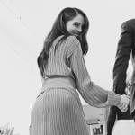 Meghan Markle’s brown pleated asymmetric dress on Harry and Meghan