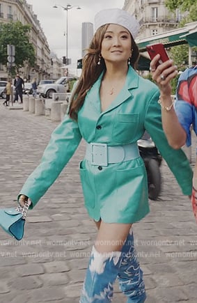 Mindy’s blue printed boots on Emily in Paris