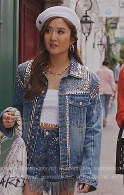 Mindy’s embellished denim jacket on Emily in Paris
