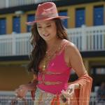 Mindy’s pink ring detail swimsuit on Emily in Paris