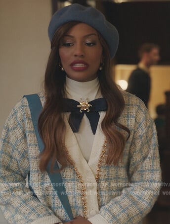 Monet’s blue tweed chain trim cardigan on Gossip Girl