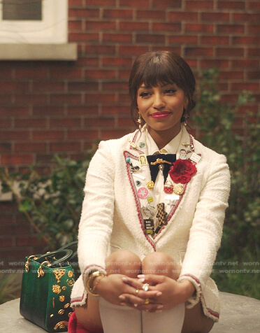 Monet’s white tweed blazer with striped trim on Gossip Girl