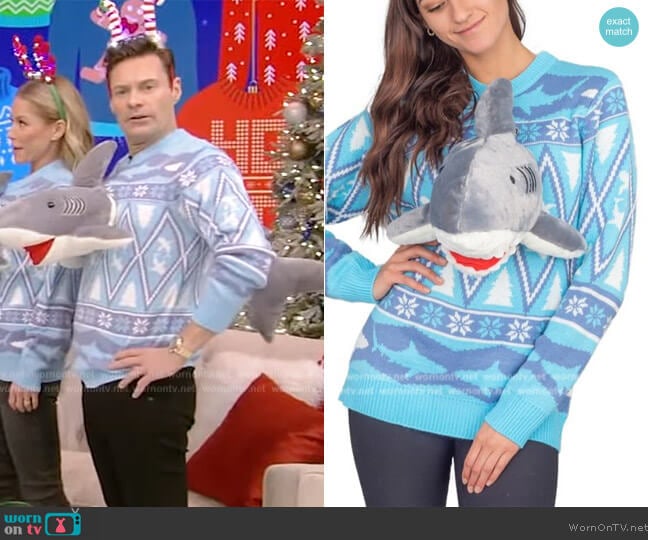 Ugly Christmas Sweater 3D Shark Plushie Ugly Christmas Sweater worn by Ryan Seacrest on Live with Kelly and Mark