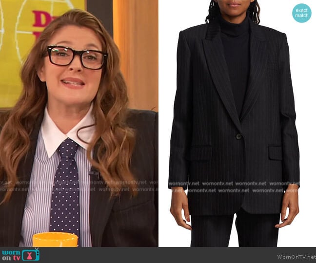 Nili Lotan Diane Single-Breasted Pinstriped Blazer worn by Drew Barrymore on The Drew Barrymore Show