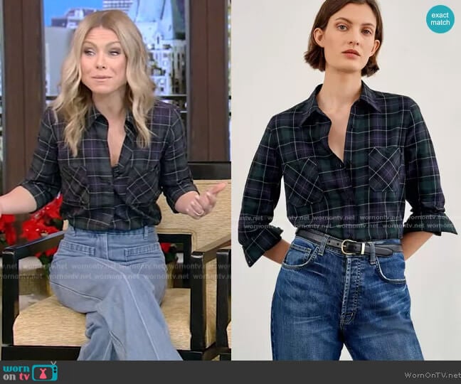 Nili Lotan Kaya Plaid Button-Down Shirt worn by Kelly Ripa on Live with Kelly and Mark