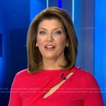 Norah’s red cutout dress and striped pumps on CBS Evening News
