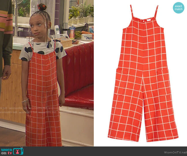 Open Edit Check Print Organic Cotton Jumpsuit worn by Alice Baxter (Mykal-Michelle Harris) on Ravens Home