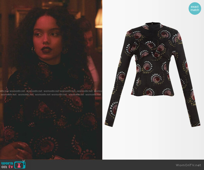 Paco Rabanne High-Neck Lamé-Jacquard Velour Top worn by Zoya Lott (Whitney Peak) on Gossip Girl