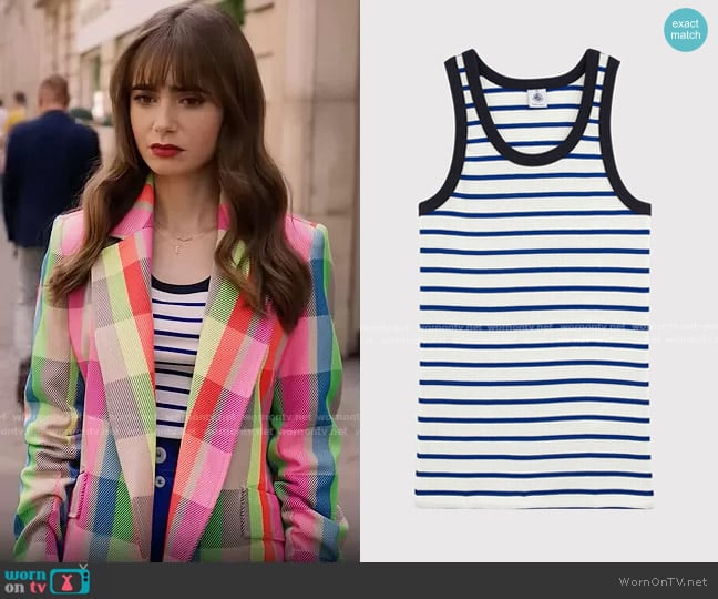 Petit Bateau Iconic Vest in Marshmallow white/Surf blue worn by Emily Cooper (Lily Collins) on Emily in Paris