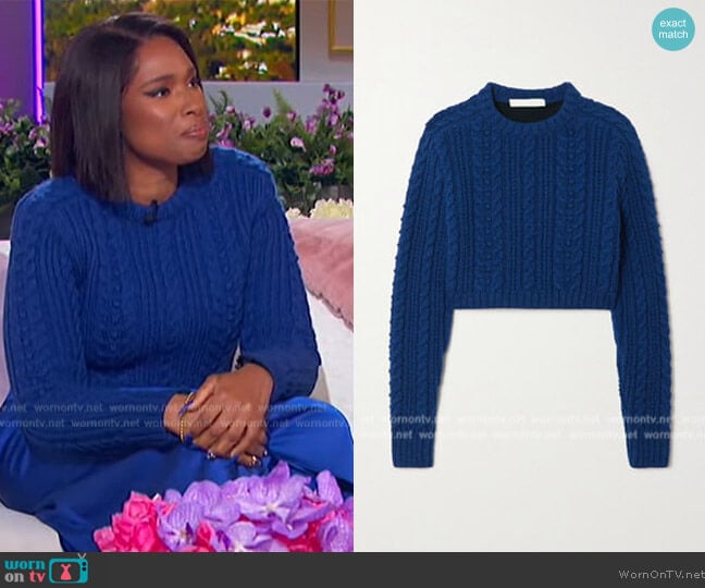 Philosophy Di Lorenzo Serafini Padded Shoulder Cable Knit Crop Sweater worn by Jennifer Hudson on The Jennifer Hudson Show