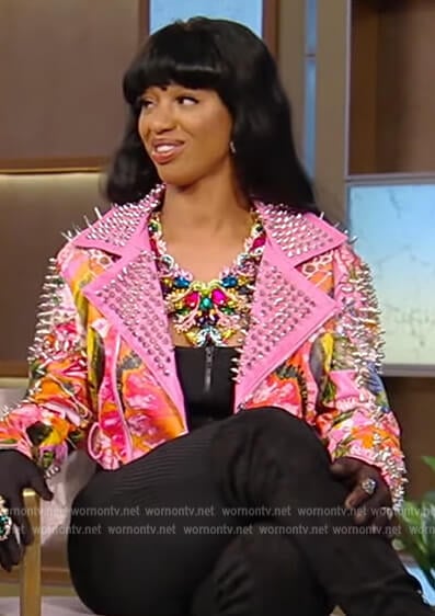 The Womack Sister’s pink floral studded moto jacket on Tamron Hall Show
