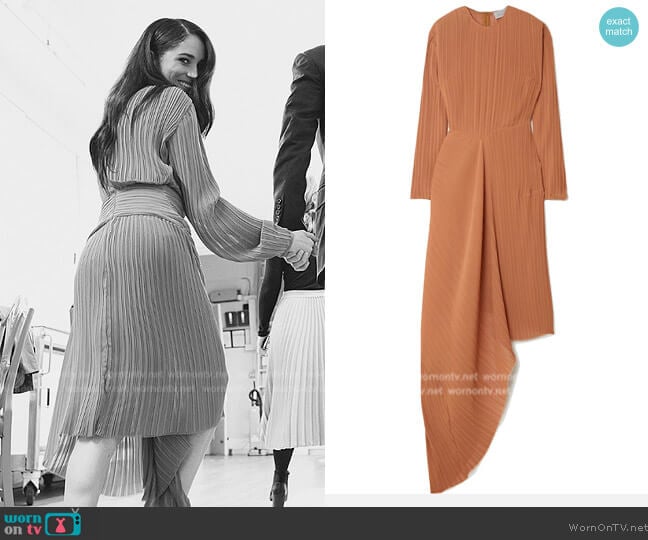 Preen by Thornton Bregazzi Pleated Dress worn by Meghan Markle on Harry and Meghan