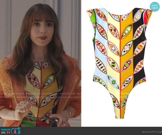 Pucci Girandole printed swimsuit worn by Emily Cooper (Lily Collins) on Emily in Paris
