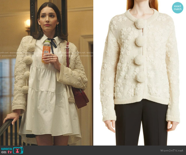 Rebecca Taylor Floral Embroidered Pompom Wool Cardigan worn by Luna La (Zión Moreno) on Gossip Girl