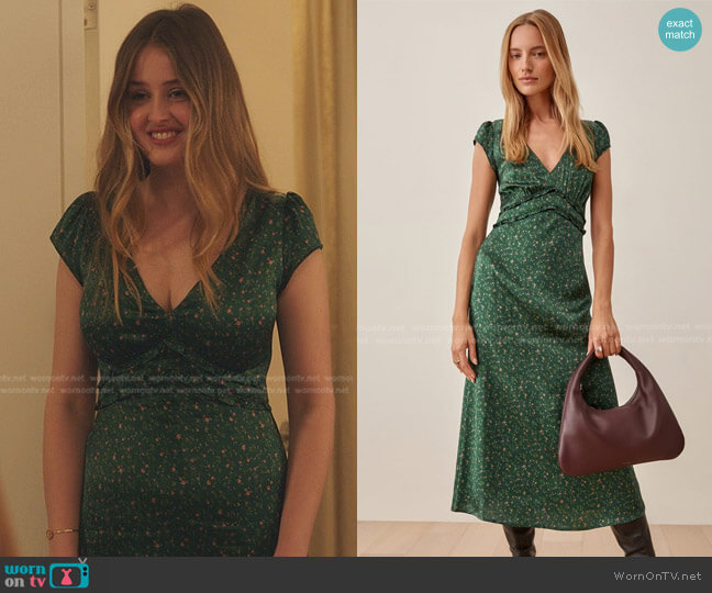Reformation Kaye Silk Dress in Coriander worn by Grace Byron (Anna Van Patten) on Gossip Girl