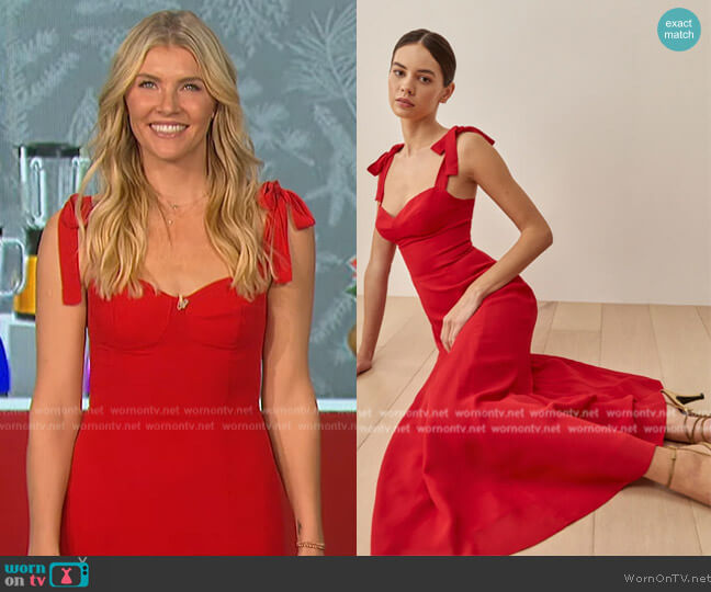 Reformation Nadira Dress in Cherry worn by Amanda Kloots on The Talk