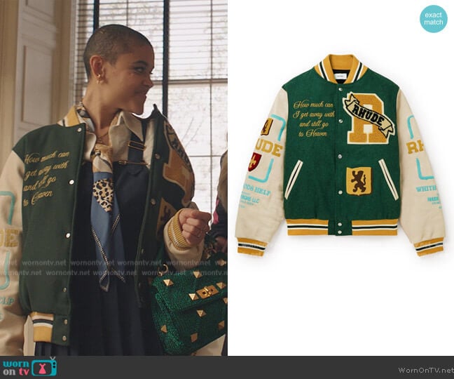 Rhude Leather Trimmed Embroidered Felt Bomber Jacket worn by Julien Calloway (Jordan Alexander) on Gossip Girl