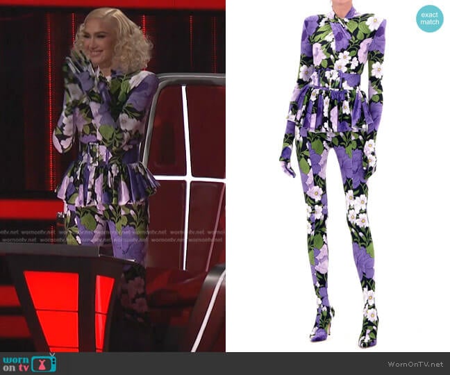 Richard Quinn Belted Glove Sleeve Peplum Jumpsuit worn by Gwen Stefani on The Voice