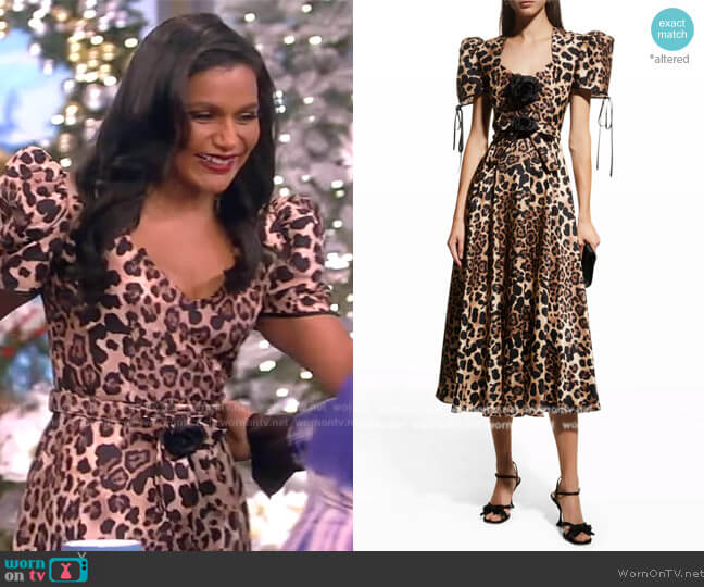 Rodarte Leopard Puff-Sleeve Belted Silk Twill Midi Dress worn by Mindy Kaling on The View