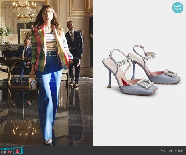 Roger Vivier Slingback Pumps Rhinestone Buckle in Satin worn by Emily Cooper (Lily Collins) on Emily in Paris