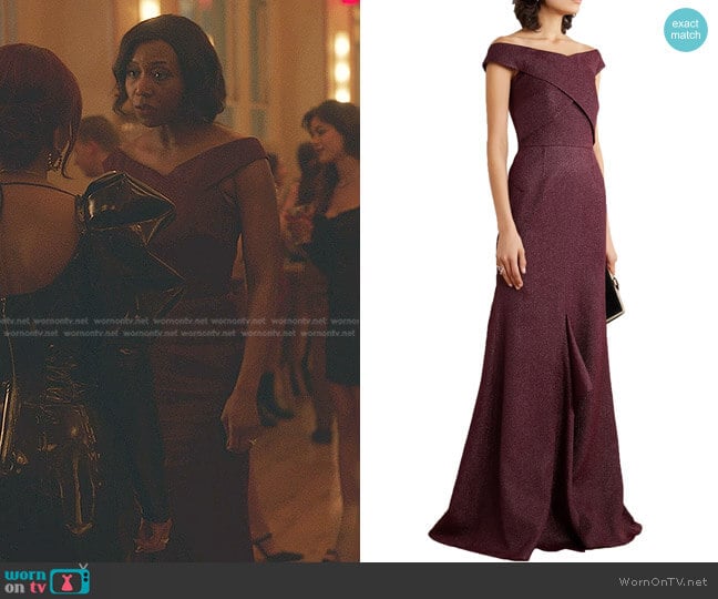 Roland Mouret Ray Off-The-Shoulder Metallic Piqué Gown worn by Camille de Haan (Amanda Warren) on Gossip Girl