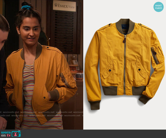 Ralph Lauren RRL Twill Bomber Jacket worn by Bela Malhotra (Amrit Kaur) on The Sex Lives of College Girls