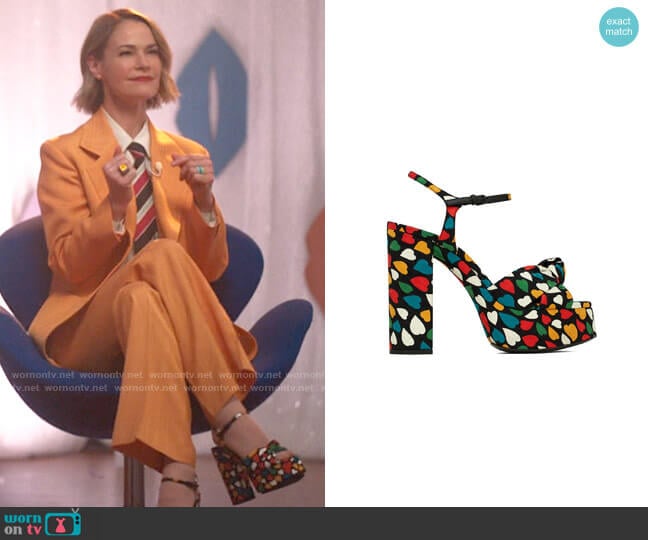 Saint Laurent Bianca Heart-Print Silk Platform Sandals worn by Alice Pieszecki (Leisha Hailey) on The L Word Generation Q