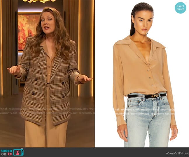 Saint Laurent Crepe De Chine Blouse worn by Drew Barrymore on The Drew Barrymore Show
