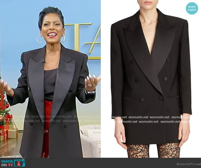 Saint Laurent Satin-lapel double-breasted wool tuxedo jacket worn by Tamron Hall on Tamron Hall Show