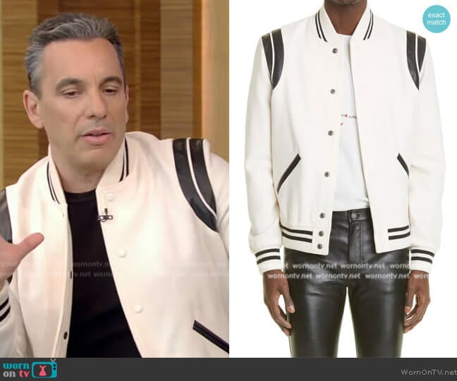 Saint Laurent Teddy Stretch Wool Varsity Jacket worn by Sebastian Maniscalco on Live with Kelly and Mark