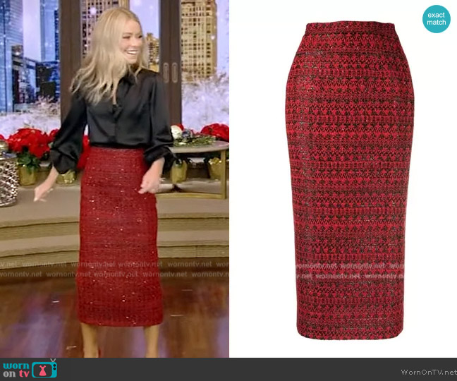 Alessandra Rich Sequined Tweed Midi Skirt worn by Kelly Ripa on Live with Kelly and Mark